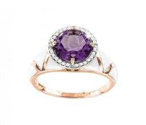 Beautiful women's ring, red gold 585, with amethyst and zirconia, decorated with white enamel