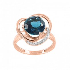 Очаровательное женское кольцо из красного золота 585 пробы, с топазом London Blue и фианитами.