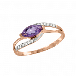 Изящное кольцо из красного золота 585 пробы, с 14 бриллиантами 0,049 ct. WSI и аметистом - размером ≈ 8х4 мм