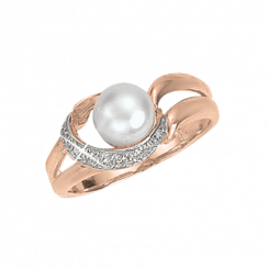 Attractive women's ring, red gold 585, with a natural pearl, zirconia
