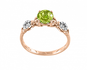 Beautiful women's ring in red gold 585, with 14 cubic zirconia and chrysolite - diameter approx. 6 mm