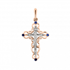 Beautiful pendant cross in red/white gold 585, with sapphire 0.12 ct., height approx. 36 mm, with engraving.