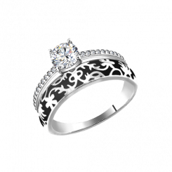 Excellent women's ring, silver 925, with black enamel and 23 cubic zirconia, diameter of the central cubic zirconia about 6 mm, front width about 10 mm