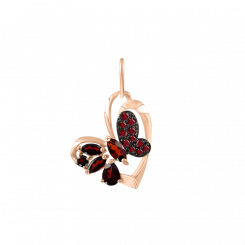 Anhänger Herz und Schmetterling, Rotgold 585, mit Granaten und Zirkonia, Höhe ca. 22 mm 