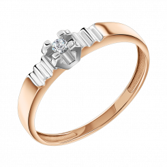 Charming women's ring, Russian red gold 585, with a brilliant-cut diamond 0.029 ct. GSI.