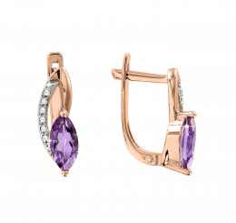 Attractive earrings in red gold 585, with amethyst and brilliant-cut diamonds 0.07 ct. WSI, height approx. 14 mm
