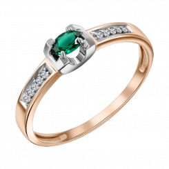 Красивое женское кольцо, русское красное золото 585 пробы, с 1 изумрудом ≈ 0,146 ct. HTS, размер ≈ 4x3 мм и 10 бриллиантами ≈ 0,045 ct. GSI