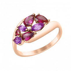 Perfect women's ring in red gold 585, with amethyst and rodolite