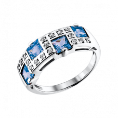 Beautiful women's ring, silver 925, with 4 blue topazes - size approx. 4x4 mm and cubic zirconia, ring width approx. 7 mm