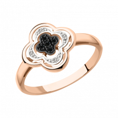 Charming women's ring, red gold 585, 4 colourless brilliant-cut diamonds 0.016 ct. WSI, 5 black brilliant-cut diamonds 0.029 ct., flower diameter about 12 mm