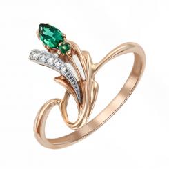 Women's ring, russian red gold 585, with emeralds and zirconia, weight of the piece of jewelry: approx. 2,20 gr. 