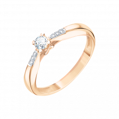 Charming women's ring, Russian red gold 585, with brilliant-cut diamonds 7 pieces 0.206 ct. HSI, front width approx. 4 mm