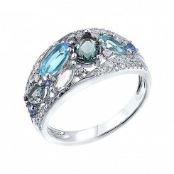 Atemberaubender Damenring, Silber 925, mit grünen, hellblauen und farblosen Zirkonia