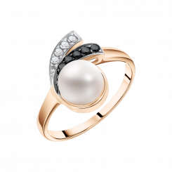 Attractive women's ring, red gold 585, with a natural pearl, zirconia