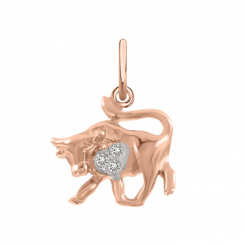 Pretty pendant Zodiac sign - Taurus, 21.04-20.05, red gold 585, with 3 zirconia, height approx. 21 mm