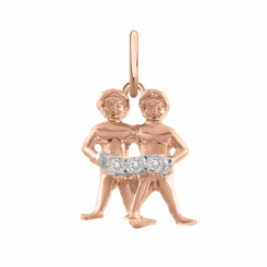 Pretty pendant Zodiac sign - Gemini, 21.05-21.06, red gold 585, with 3 zirconia, height approx. 24 mm