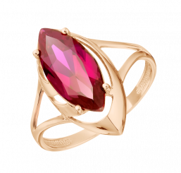 Eye-catching women's ring, Russian red gold 585, with ruby HTS - size approx. 14x7 mm, front width approx. 20 mm