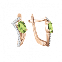 Attractive earrings, red gold 585, with chrysolite and zirconia, height about 15 mm, weight about 2,7 g.