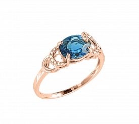 Beautiful women's ring in red gold 585, with London blue topaz and brilliant-cut diamonds 0,053 ct. WSI