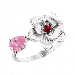 Beautiful women's ring with flower, silver 925, with red cubic zirconia and pink cubic zirconia - size approx. 7x5mm, front width approx. 13 mm
