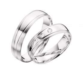 Charming weddings ring in white gold 585, No.R136/TR width approx. 5.0 mm, No. R136V1/TR with brilliant-cut diamonds 0.06 ct., width approx. 5.0 mm. / Price for 1 ring each.