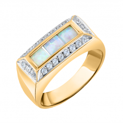 Magnificent women's ring, yellow gold 585, with opal and zirconia, decorative part size approx. 17x8 mm