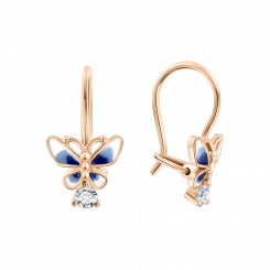 Earrings, russian red gold 585, with enamel and zirconia, height approx. 16 mm