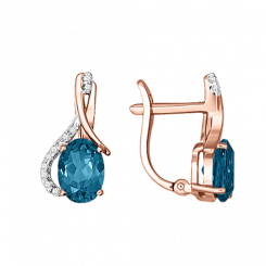 Beautiful earrings, red gold 585, with London blue topaz and zirconia, height about 14 mm.