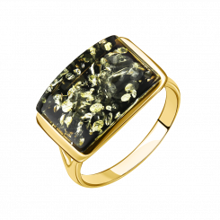 Außergewöhnlicher Damenring, Silber 925, vergoldet in Gelbgold, mit grünem Bernstein, Größe ca. 16x12 mm