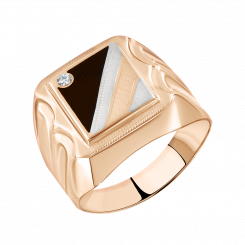 Ausdrucksstarker Herrenring, Rotgold 585, rhodinierter, mit 1 Zirkonia und schwarzer Emaille