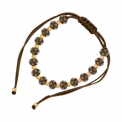 Armband "Brauner Faden" mit Gelbgold 585, brauner Schnur, mit braunem synthetisches Glas – Durchmesser ca. 6 mm, Durchmesser einer Gelbperle ca. 3 mm, Einstellbare Länge ca. 16–24 cm