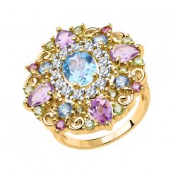 Gorgeous women's ring in silver 925, gold plated, with 42 multicolored zirconia, front width approx. 25 mm