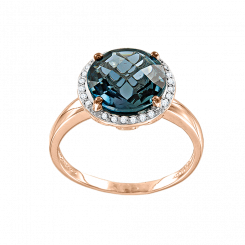 Изумительное женское кольцо из красного золота 585 пробы, с топазом London Blue - диаметром ≈ 10 мм и бриллиантами 0,07 ct. WSI.