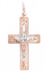 Amazing pendant cross, red/white gold 585, with brilliant-cut diamond 0,02 ct. WSI, height about 44 mm.