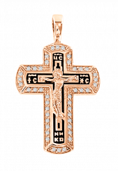 Wonderful pendant - cross, Russian red gold 585, with 44 cubic zirconia and black enamel, engraving "Спаси и сохрани", height approx. 35 mm