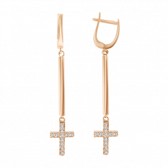 Längliche Ohrringe mit Kreuzen, Russisches Rotgold 585, mit 22 farblosen Zirkonia, Kreuzlänge ca. 13 mm, Höhe ca. 57 mm