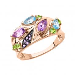 Breathtaking women's ring in red gold 585, with 2 topaz Swiss -diameter about 5x3 mm, 5 chrysolite, 2 amethyst - diameter about 6x3 mm, and 6 zirconia, width approx. 10 mm.