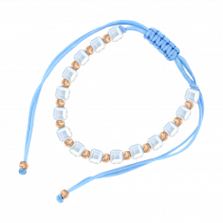 Bracelet "Blue Thread" with russian red gold 585, blue cord, with blue synthetic glass – sizes approx. 4x4 mm, diameter of a gold bead approx. 3 mm, adjustable length approx. 16–24 cm