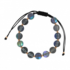 Bracelet with russian red gold 585, black cord, and synthetic glass. The glass beads have a diameter of approx. 6-8 mm, and the gold bead has a diameter of approx. 3 mm. Adjustable length approx. 16–24 cm