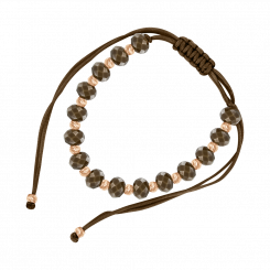Bracelet “Brown Thread” with russian red gold 585, brown cord, and brown synthetic glass. The glass beads have a diameter of approx. 6 mm, and the gold bead has a diameter of approx. 3 mm. Adjustable length approx. 16–24 cm