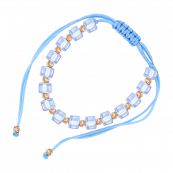 Bracelet "Blue Thread" with russian red gold 585, blue cord, with blue synthetic glass – sizes approx. 4x4 mm, diameter of a gold bead approx. 3 mm, adjustable length approx. 16–24 cm