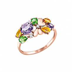 Bezaubernder Damenring aus Rotgold 585, mit Zirkonia, Amethyst, Chrysolith, Zitrin