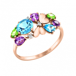 Auffallender Damenring aus 585er Rotgold mit Topas, Chrysolith, Amethyst und Zirkonia