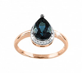 Прекрасное женское кольцо из красного золота 585 пробы,  с бриллиантами 0,053 ct. WSI и топазом London Blue.