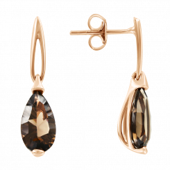 Elegant stud earrings made of 585 red gold with smoky quartz, height approx. 25 mm