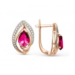 Earrings, russian red gold 585, with cubic zirconia and corundum, width approx. 12 mm, height approx. 18 mm