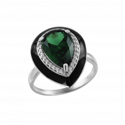 Charming women's ring with made of 925 sterling silver with green sitall, cubic zirconia and black enamel, decorative element size approx. 15×19 mm 