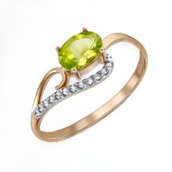 Women's ring, russian red gold 585, with chrysolite - size of the stone approx. 7x5 mm and cubic zirconia, weight of the piece of jewelry: approx. 1,72 gr.