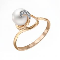 Women's ring, russian red gold 585, with pearl and cubic zirconia, pearl diameter approx. 7 mm, weight of the piece of jewelry: approx. 2,42 gr.