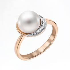 Women's ring, russian red gold 585, with pearl and cubic zirconia, pearl diameter approx. 8 mm, weight of the piece of jewelry: approx. 3,41 gr.